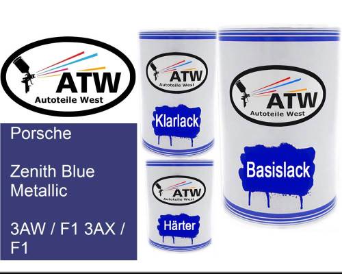 Porsche, Zenith Blue Metallic, 3AW / F1 3AX / F1: 500ml Lackdose + 500ml Klarlack + 250ml Härter - Set, von ATW Autoteile West.